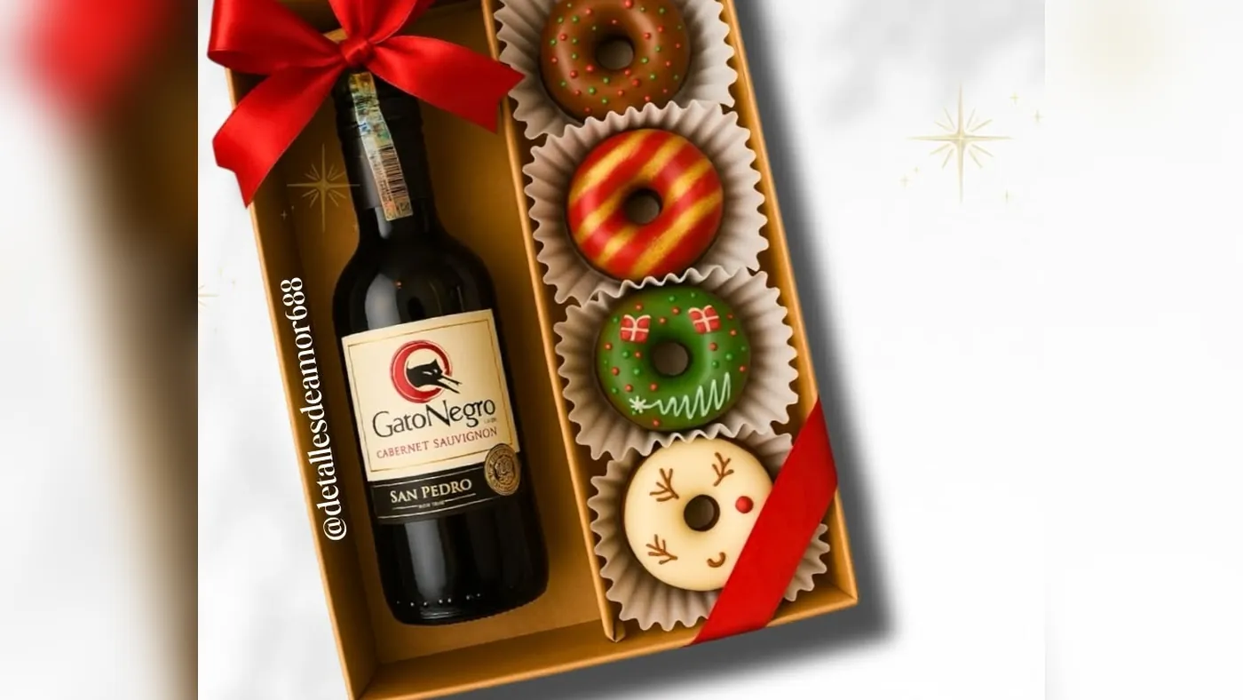 Caja premium con cuatro mini donas navideñas decoradas y una botella de mini vino, con moño rojo, Detalles de Amor Medellín