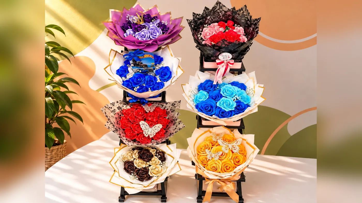 Seven buchón bouquets of satin ribbon eternal roses, in purple with a crown, blue with a toy car, red with butterflies, brown, pink and red, blue with light blue, and orange, Detalles de Amor Medellín