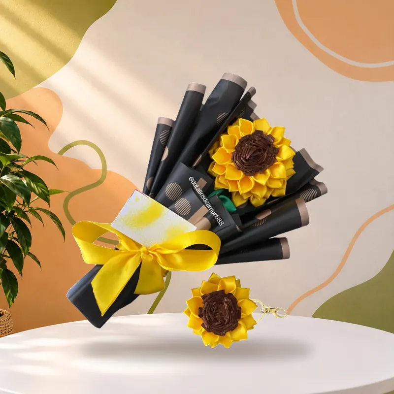 Ramo de girasoles en satín con llavero a juego