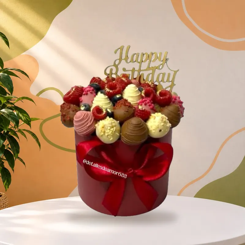 Caja redonda de fresas con chocolate y topper