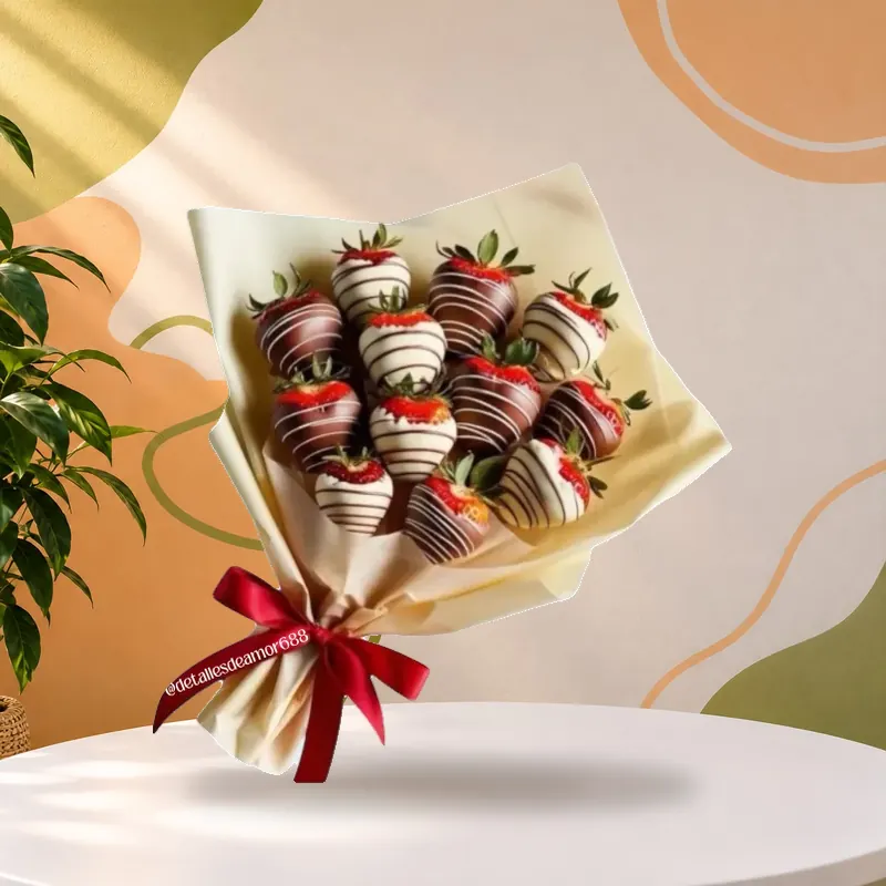 Ramo de fresas con chocolate en papel crema